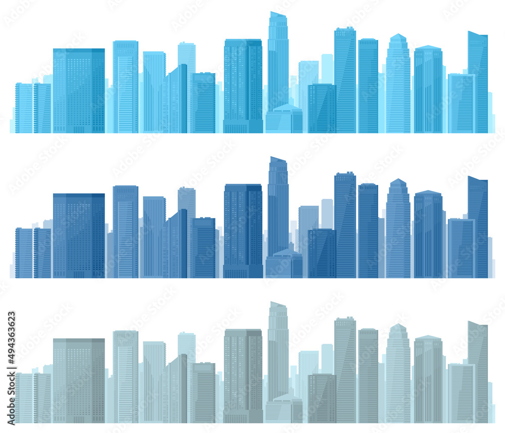 Urban cityscape illustration set. Vector illustration of city landscape with modern downtown skyscrapers and buildings.