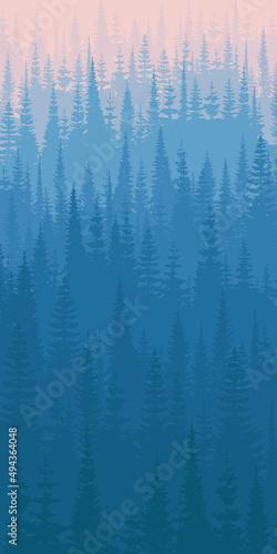 Coniferous forest in the morning haze, vertical banner