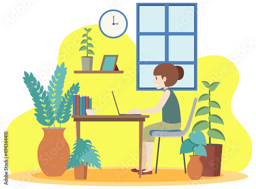 A woman working at home concept in flat design