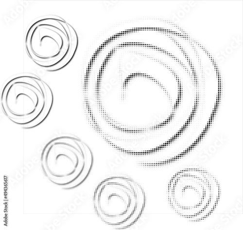 Set of spirals_2 in halftone dots effect style. Sequence with increasing dot size. Vector.