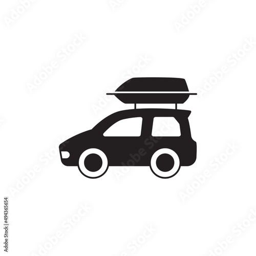 Car family trip icon in black flat glyph, filled style isolated on white background