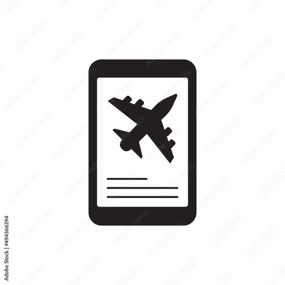 Flight booking, mobile booking online icon in black flat glyph, filled style isolated on white background