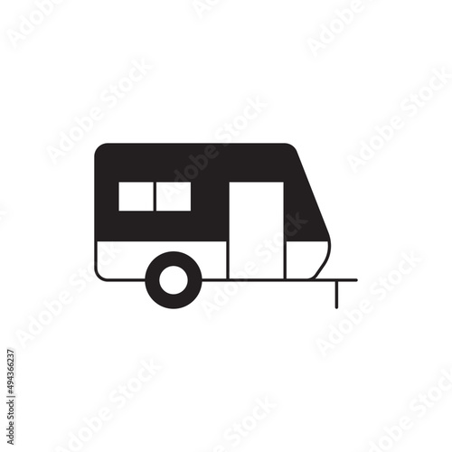 Camping, caravan travel trailer icon in black flat glyph, filled style isolated on white background