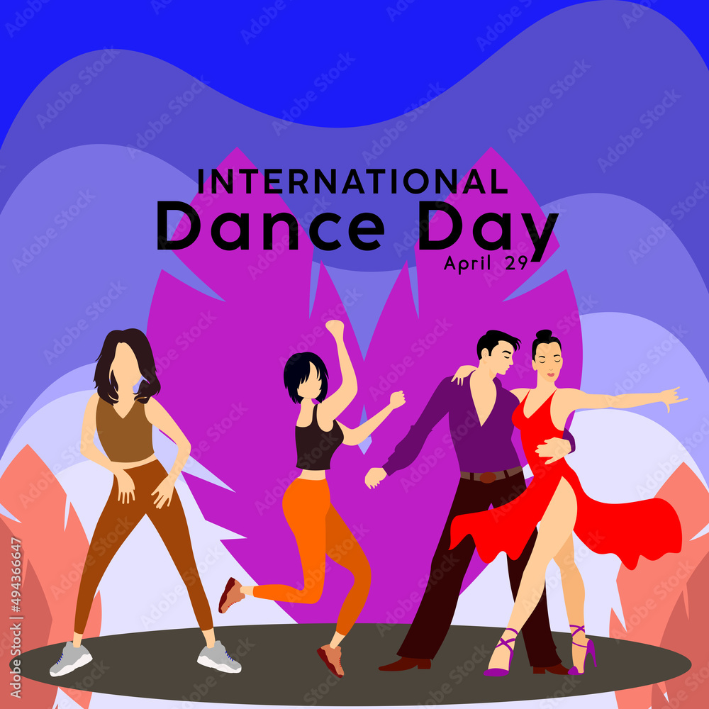 International dance day, vector illustration, Template design for banner, flyer, invitation, brochure, poster or greeting card. An illustration of a beautiful dancing couple April 29 th. basic RGB International dance day, vector illustration, Template design for banner, flyer, invitation, brochure, poster or greeting card. An illustration of a beautiful dancing couple April 29 th. basic RGB