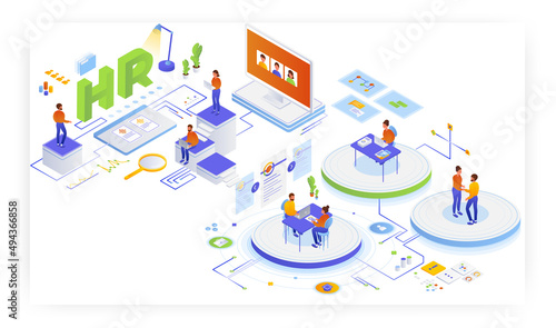 Human resources, flat vector isometric illustration. Resume, hiring, job interview with candidate. Recruiting agency.