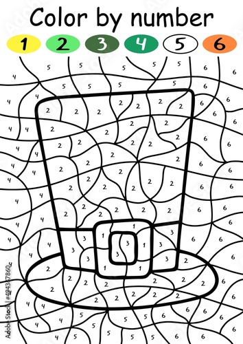Leprechaun's top hat color by number game for kids vector illustration. Funny puzzle with colors and numbers for children. Patrick's day riddle for kids printable vertical worksheet