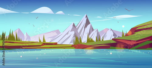 Mountain landscape, nature background with water pond, snowy peaks, green grass on rocks and conifers. Calm lake and spruces under blue sky with clouds, cartoon scenery view, Vector illustration