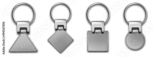 Metal keychain holders in shapes trinket for key with metal ring. Trinket keyring, keyholder and breloque illustration. Realistic template metal keychain set.