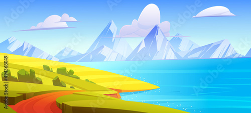Summer landscape with green fields, lake and mountains on horizon. Vector cartoon illustration of countryside, hills with farmland, road on sea shore and white rocks
