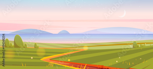 River, green fields and hills on horizon in early morning. Vector cartoon illustration of summer landscape with countryside, lake or sea strait, road and moon in sky
