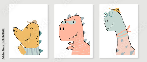 Kids and cute wall art vector collection. Funny and lovely design with cute dinosaur. minimal design for bedroom and home decoration pictures. kids cover background template.