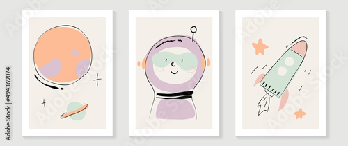 Kids and cute wall art vector collection. Funny and lovely design with astronaut,spaceship, stars and universe . Good design for bedroom and home decoration pictures. kids cover background template.