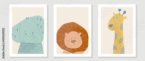 Kids and cute wall art vector collection. Funny and lovely design with elephant, lion, giraffe. Minimal design for bedroom and home decoration pictures. kids cover background template.