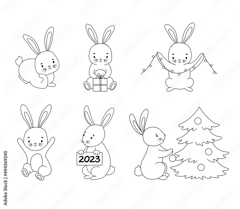 Set of cute line rabbits in different poses. Vector symbol of new year 2023 isolated on white background. Bunny with Christmas tree and gift for baby coloring page. Set of cute line rabbits in different poses. Vector symbol of new year 2023 isolated on white background. Bunny with Christmas tree and gift for baby coloring page.