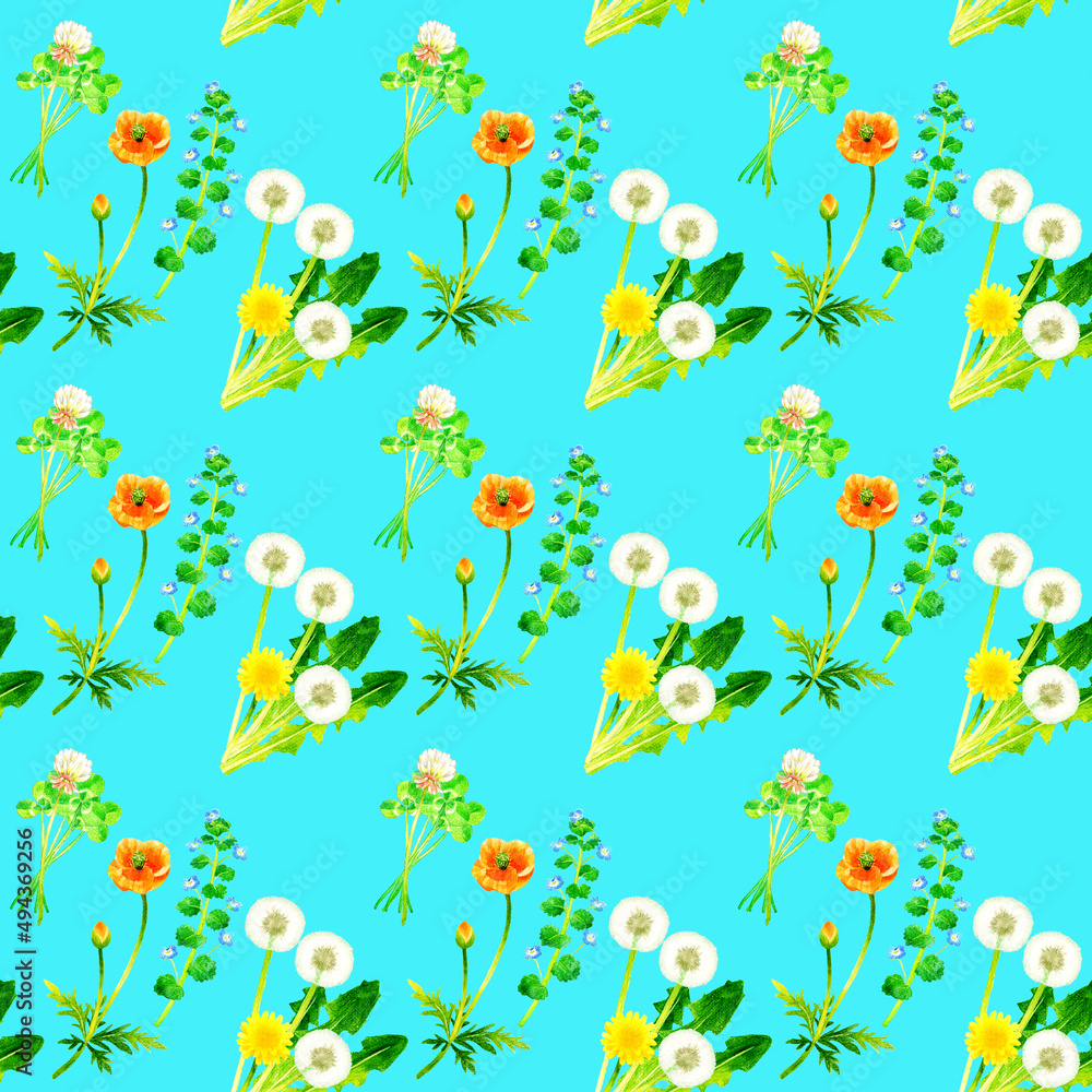 春の草花のシームレスパターン　植物の手描き水彩イラスト背景素材