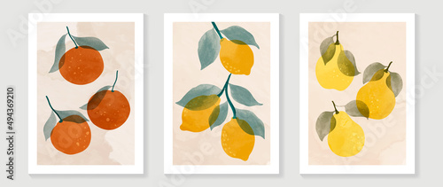 Abstract fruit wall art set. Collection of minimal drawing with branches, oranges, lemon and citrus. Spring season watercolor perfect for decoration, interior, background, wallpaper.