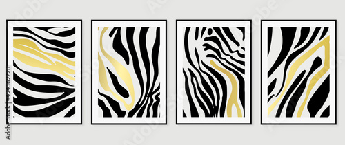 Set of abstract wall art template. Luxury design on white background with black paint, line art, and gold drops in hand painted. Design for wall decoration, interior, prints, cover, and postcard.