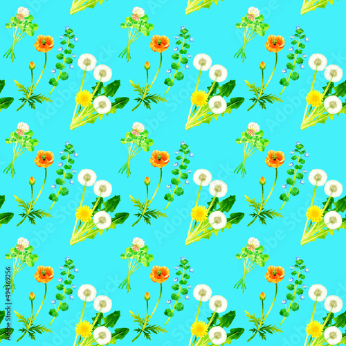 春の草花のシームレスパターン 植物の手描き水彩イラスト背景素材