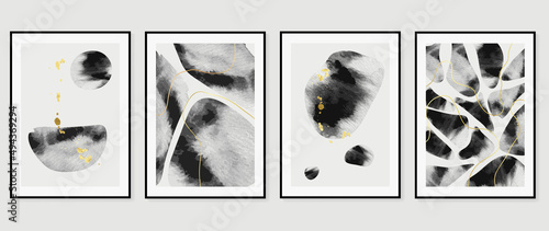 Set of abstract wall art template. Luxury design on white background with black paint, line art, and gold drops in hand painted. Design for wall decoration, interior, prints, cover, and postcard.