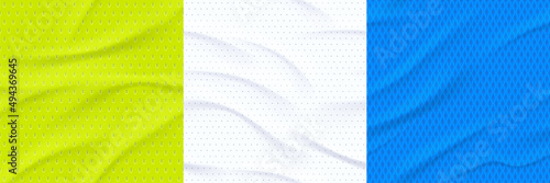 Textures of sports jersey, athletic shirt material. Vector realistic set of seamless patterns of modern mesh textile for sport wear. Abstract background with cloth surface with wrinkles