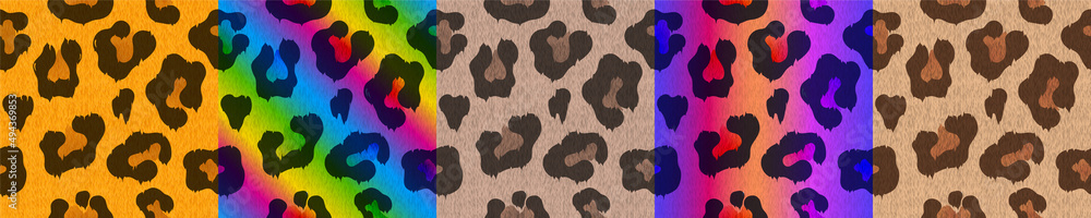 Color textures of leopard skin with spots. Vector set of seamless patterns with cheetah fur with rainbow gradient. Wild african cat skin print for textile or game design