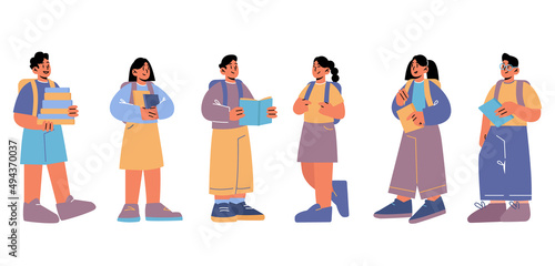Back to school, kids students with backpacks and textbooks stand in row, boy and girls pupils reading books, education, learning and studying concept with children group, Line art vector illustration