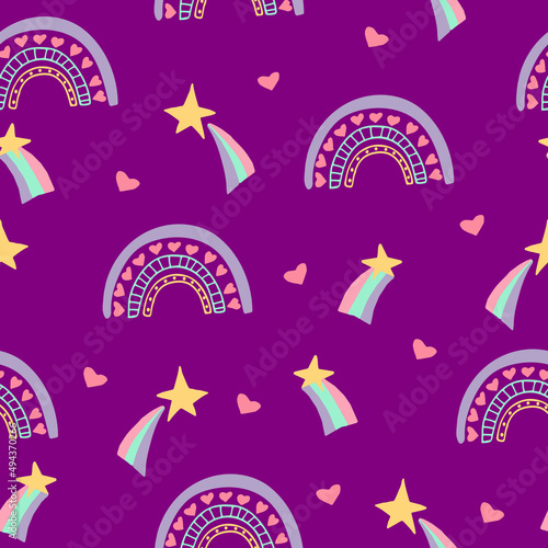 rainbow, star, heart seamless pattern hand drawn. vector. wallpaper, wrapping paper, textile, background. fairy tale, nursery, pastel, cute.