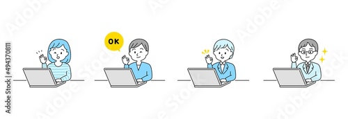 イラスト素材:ノートパソコンと笑顔でオッケーの動作をする男女セット（主線あり/線画/横位置）
