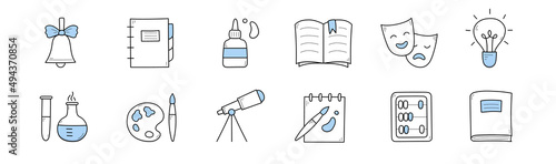 Set of school, science and education doodle icons. Bell, globe, notebook, glue, theatrical mask and chemical beakers, paints, palette, telescope, textbook and abacus Line art vector illustration