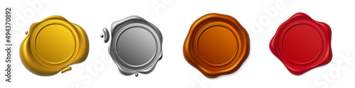Seal wax 3d. Gold, silver, cooper and red Wax candle stamp. Realistic vector render design elements.