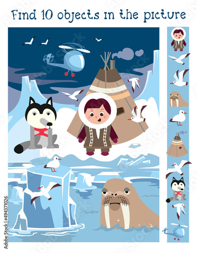 Cute girl and animals of North. Find 10 items. Game for children. Cute cartoon character. Vector illustration.