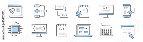 Coding and programming doodle icons set. Computer with code on screen, algorithm scheme, mobile phone, microcircuit chip, laptop, keyboard, desktop with arrow pointer. Line art vector illustration