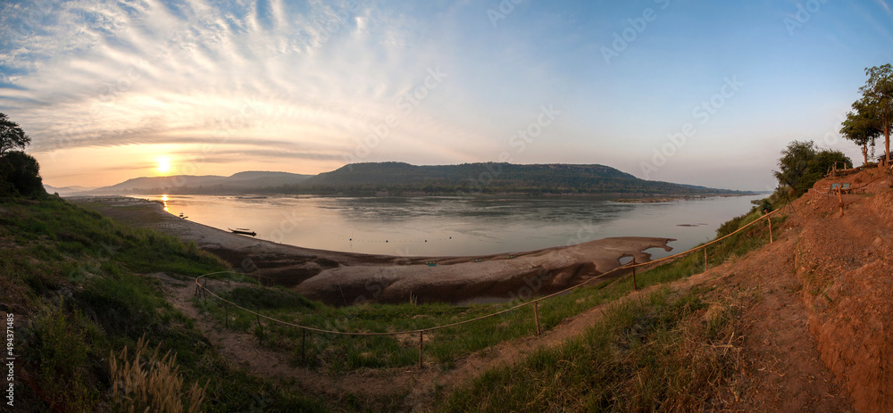 Sunrise over the Mol River and Mountain in Ubon Ratchathani Province, Thailand