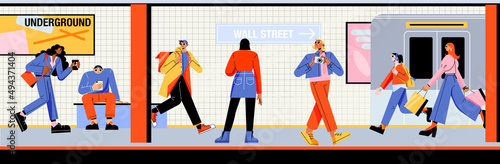 People at subway platform with train leaving metro station. Passengers stand, walk or sit at underground tunnel. Tourists and citizen characters use urban public transport Line art vector illustration