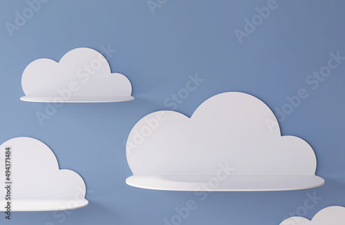 3D render of empty cute white clouds book shelf hang on blue sky wall for kids or baby nursery products display background, mock up. Backdrop, Template, Blank, Space, Overlay, Boy, Stand, Design.