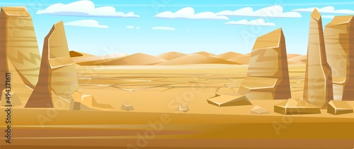 Dunes of desert in distance. Stone rocks, sandstone and stones. Landscape of southern countryside. Cool cartoon style. Vector