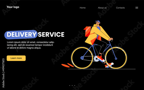 Delivery service cartoon landing page, man on bicycle deliver goods. Correspondence, mail, documents, food, parcels express shipping, order transportation to customers, Line art flat vector web banner