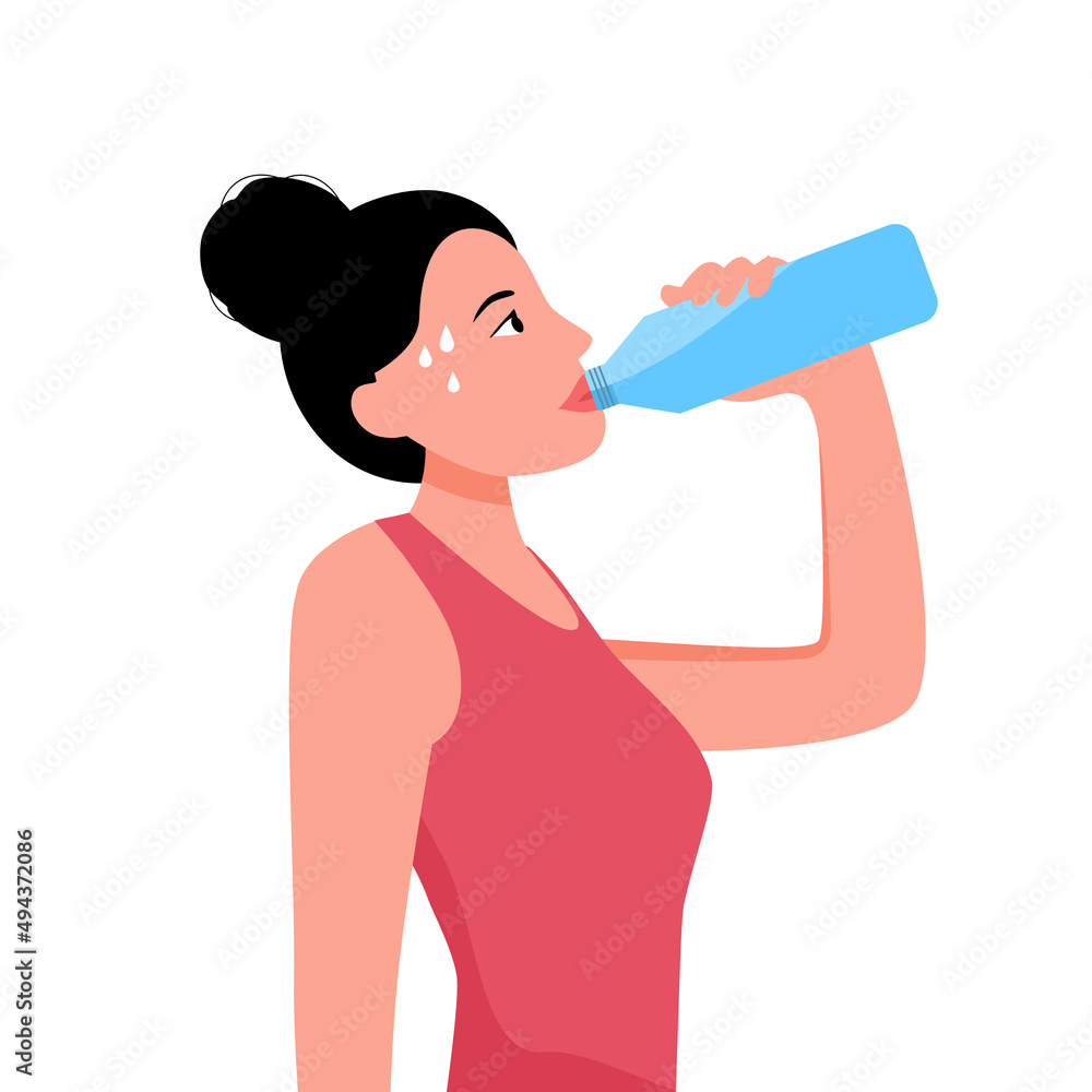 Woman drinking water from bottle after exercising in flat design. Thirsty and dehydration. Drink more water campaign. Woman drinking water from bottle after exercising in flat design. Thirsty and dehydration. Drink more water campaign.