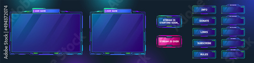 Game streaming panels and buttons in sci fi style. Vector cartoon set of live stream displays with techno borders for webcam video app. Ui design elements for show gaming process