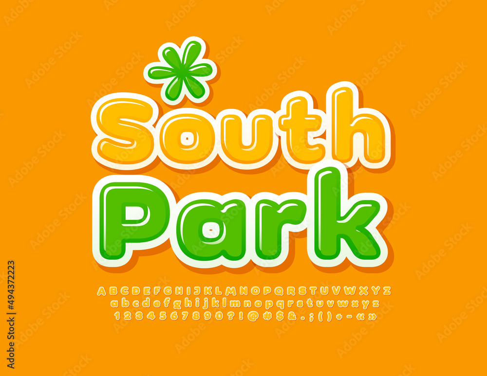 Naklejka premium Vector sunny emblem South Park with decorative element. Yellow bright Font. Set of Alphabet Letters, Numbers and Symbols