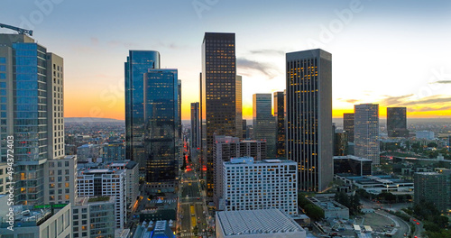 City of Los Angeles  panoramic cityscape skyline scenic  aerial view at sunset  office building.