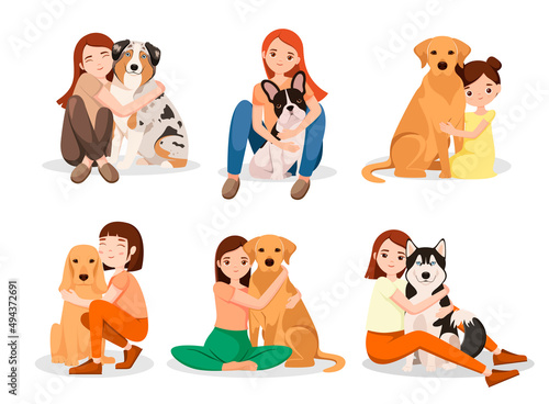 Girls and dogs on a white background. A set of illustrations. Love for animals. Cartoon design.