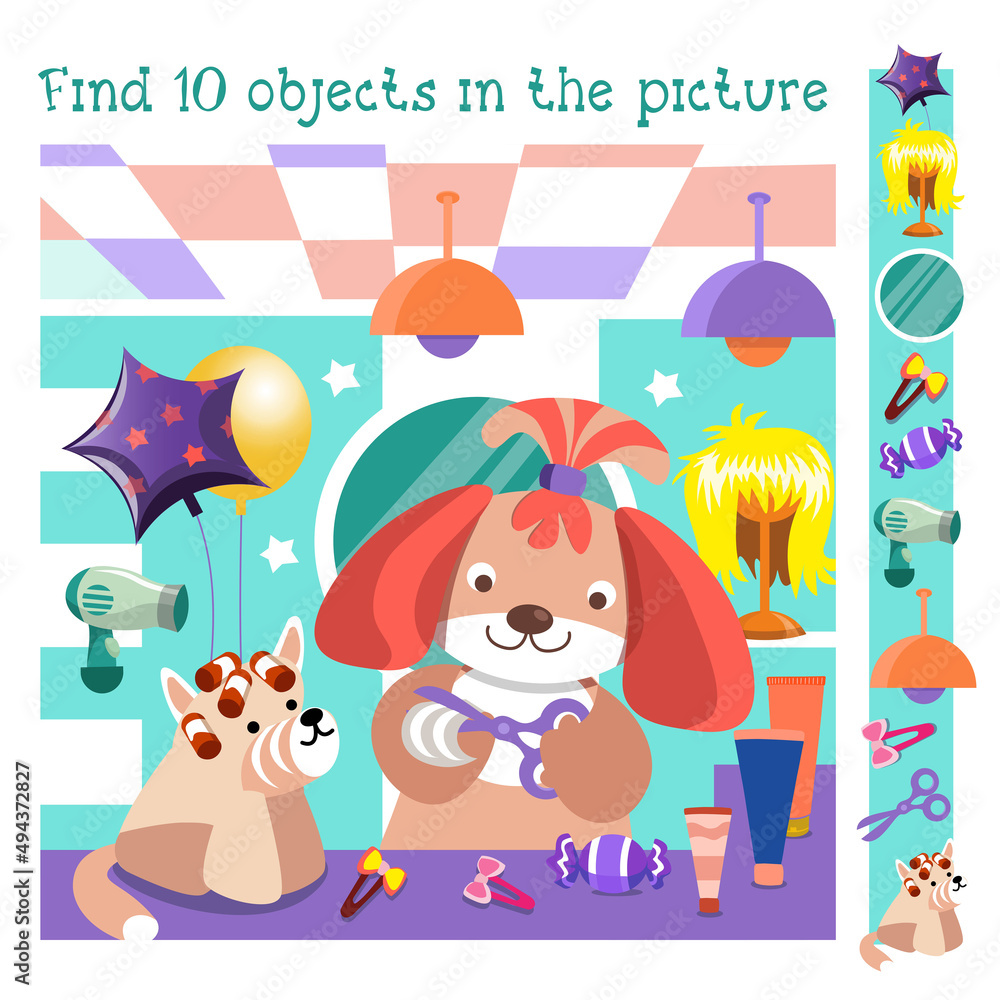 Funny dogs at barbershop. Find 10 items. Game for children. Cute cartoon character. Vector illustration.