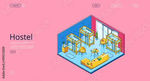 Hostel banner with isometric interior of bedroom in guesthouse. Vector landing page of guest accommodation with illustration of room with bunks for sleep and rest in travel
