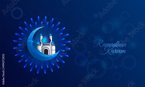 Canvas Print Ramadan Kareem design with crescent Islamic with mosque on blue background