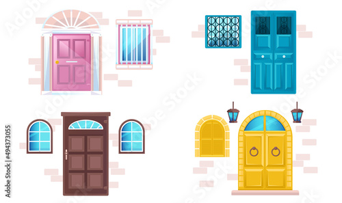 House facades with different doors and windows in brick wall. Vector cartoon set of wooden gates in classic style, lanterns and windows with glass, metal grate and shutters