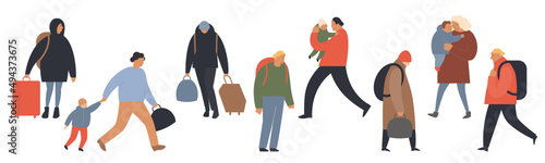 People with luggage.  Vector isolated illustration. Refugees. photo