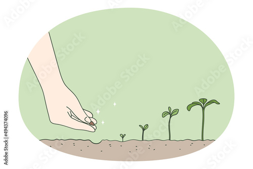 Person hand plant seed in ground watch tree development stages. Gardener put seedling in soil. Timeline and growth metaphor. Gardening and agriculture concept. Vector illustration. 