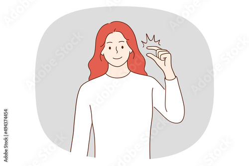 Portrait of smiling young woman show small measurement with hands. Happy girl demonstrate little size or amount make gesture. Nonverbal communication. Vector illustration. 