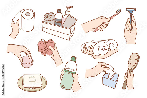 Set of person with beauty products do daily body and face routine in bath. Collection of man and woman with bathroom essentials preform morning hygiene. Flat vector illustration. 